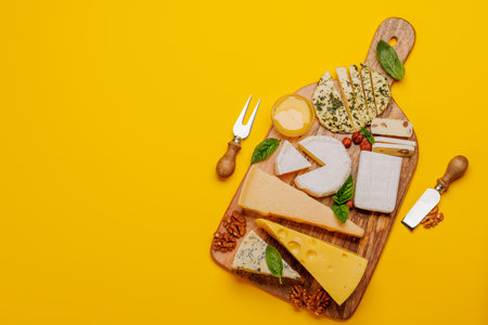 An assortment of various cheeses arranged on a board, highlighting different textures, colours, and...