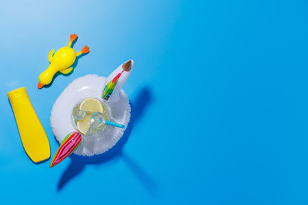 A vibrant summer vacation scene with a floating duck with cocktail on a bright background, evoking a...