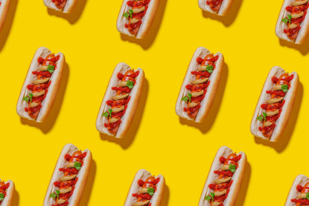 A seamless, eye-catching pattern featuring hot dogs arranged across a bright yellow background. The...