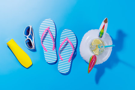 A vibrant summer vacation scene with flip flops, shades, and a floating flamingo with cocktail on a bright background, evoking a playful and tropical vibeの写真素材