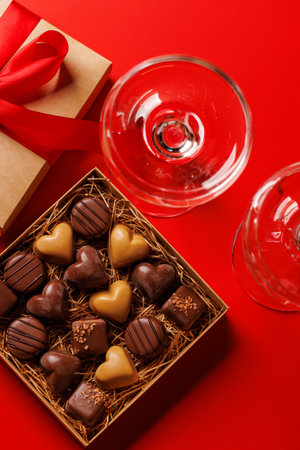 A glasses of champagne elegantly paired with a box of rich chocolates, set against a romantic backdrop, creating the perfect Valentine's Day mood for celebration and loveの写真素材
