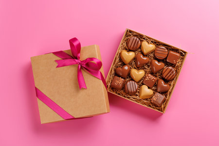 Valentines day box of rich chocolates, set against a romantic backdrop, creating the perfect Valentine's Day mood for celebration and loveの写真素材