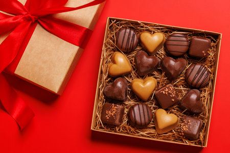 Valentines day box of rich chocolates, set against a romantic backdrop, creating the perfect Valentine's Day mood for celebration and loveの写真素材