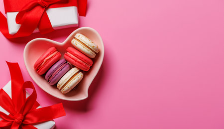 Colorful macaroons elegantly arranged in a heart-shaped bowl, paired with a charming Valentines Day gift boxes. A delightful and romantic display perfect for celebrating loveの写真素材
