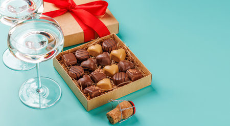 Two glasses of champagne elegantly paired with a box of rich chocolates, set against a romantic backdrop, creating the perfect Valentine's Day mood for celebration and loveの写真素材