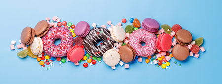 An assortment of colorful sweets, including donuts, macarons, and candies, arranged on a vibrant blue background with ample copy space. Perfect for festive, playful, or celebratory themesの写真素材