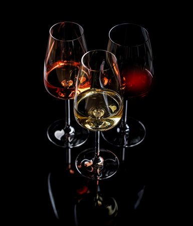 Three wine glasses filled with red, white, and rose wine, standing gracefully on a black background. A vibrant display of wine's variety and eleganceの写真素材