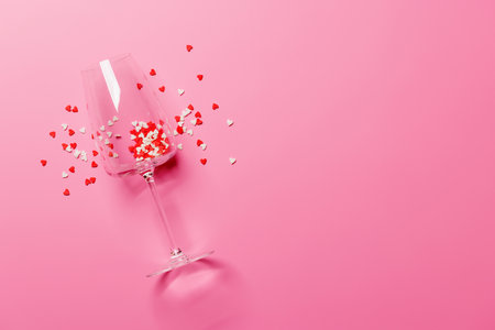 A champagne glass adorned with heart-shaped decor on a vibrant pink background, symbolizing love and celebration for Valentine's Dayの写真素材