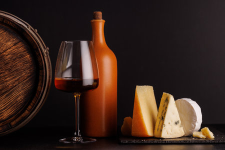 A refined selection of aged cheeses presented on a board, accompanied by a glass of wine, set against a dramatic dark background. A perfect setting for a gourmet indulgenceの写真素材