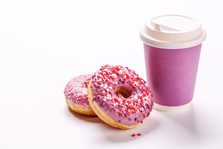 A cheerful display of donuts and a paper coffee cup on a white background. A sweet and vibrant setup for dessert or coffee themesの写真素材