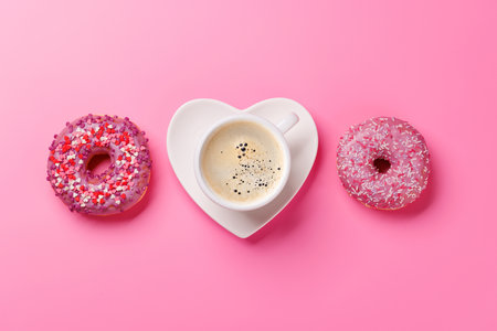 An assortment of vibrant donuts with colorful toppings and a coffee cup on a heart-shaped saucer, arranged on a pink background in a flat lay style, perfect for a Valentines Day cardの写真素材