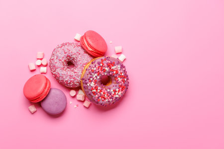 An eye-catching arrangement of colorful macarons and donuts on a pastel pink background. Perfect for showcasing desserts or sweet treats with a playful and vibrant aestheticの写真素材