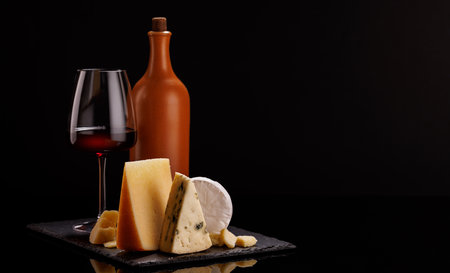 A refined selection of aged cheeses presented on a board, accompanied by a glass of wine, set against a dramatic dark background. A perfect setting for a gourmet indulgenceの写真素材