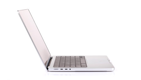 Laptop with a blank black screen isolated on a white background, providing a clean, minimalist template for designs or presentationsの写真素材