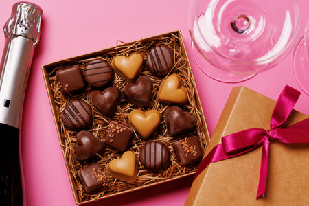 A glasses of champagne elegantly paired with a box of rich chocolates, set against a romantic backdrop, creating the perfect Valentine's Day mood for celebration and loveの写真素材