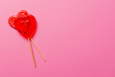 Heart-shaped lollipops arranged on a vibrant pink background with ample copy space, perfect for Valentine's Day themes, symbolizing sweetness and loveの写真素材