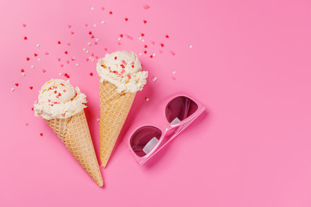 A charming ice cream cones treat adorned with heart-shaped decor on a soft pink background, symbolizing love and sweetness. Perfect for Valentine's Day celebrationsの写真素材