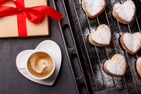 Delightful homemade heart-shaped cookies, perfectly crafted for Valentines Day. A sweet and loving treat to share with someone specialの写真素材