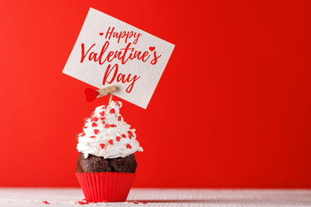 Cupcake love: Heart-themed treats on a vibrant red backdrop with copy space for your Valentines day greetingsの写真素材