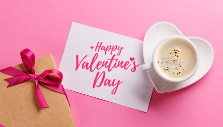 A romantic Valentines Day setup featuring a gift box and a steaming cup of coffee, creating a cozy and sweet atmosphere. Flat lay with copy space greeting cardの写真素材