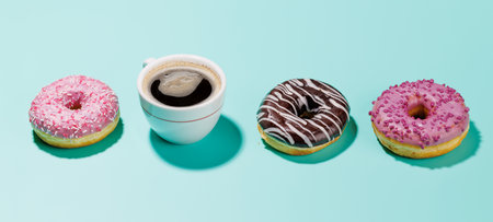 An assortment of vibrant donuts with colorful toppings and a coffee cup arranged on a blue background in a flat lay style, creating a cheerful and appetizing sceneの写真素材