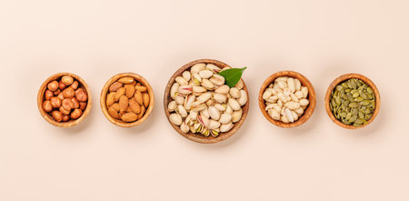 A vibrant assortment of various nuts, including almonds, walnuts, hazelnuts, cashews, and pistachios, displayed in an appetizing arrangement, perfect for healthy snacking or culinary inspirationの写真素材