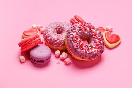 An eye-catching arrangement of colorful macarons and donuts on a pastel pink background. Perfect for showcasing desserts or sweet treats with a playful and vibrant aestheticの写真素材