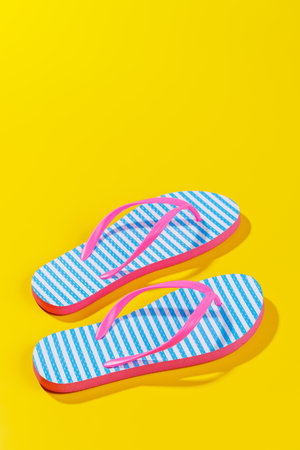 A vibrant summer vacation scene with flip flops on a bright background, evoking a playful and tropical vibe with copy spaceの写真素材