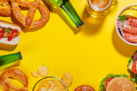 A vibrant photo showcasing a glass of beer surrounded by various snacks and fast food items, including a juicy cheeseburger, a classic hot dog, crispy potato chips, and salty pretzels, fresh shrimps, all set against a bright yellow background, creating a fun and appetizing scene with copy spaceの写真素材