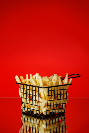French fries on a red background, perfect for a fast food or snack conceptの写真素材