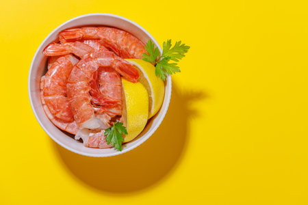 Fresh shrimps, accompanied by sprigs of fresh parsley and juicy lemon. Ideal beer snack. Flat lay with copy spaceの写真素材