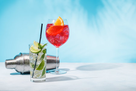 A variety of cocktails and cocktail shaker arranged on a table against a light blue background, enhanced by sunny glares and playful shadows, with copy spaceの写真素材
