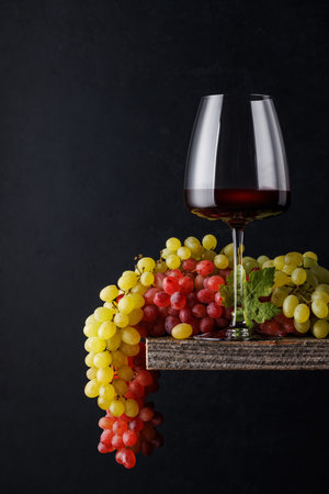 A glass of wine paired with grapes, set against a dark background, creating a rich and elegant ambianceの写真素材