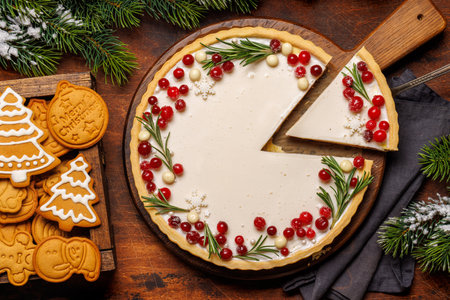 Festive indulgence: Christmas cake adorned with berries and rosemary. Flat layの写真素材