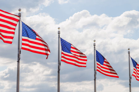Rows of American flags waving against a sunny blue sky, showcasing patriotic pride with vivid colorsの写真素材