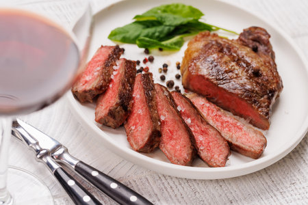 A perfectly cooked sliced striploin steak with a juicy, tender texture, served alongside a glass of rich red wine on a wooden white table. A gourmet meal for steak and wine loversの写真素材
