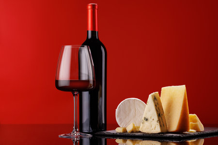 A refined selection of aged cheeses presented on a board, accompanied by a glass of wine, set against a red background. A perfect setting for a gourmet indulgenceの写真素材