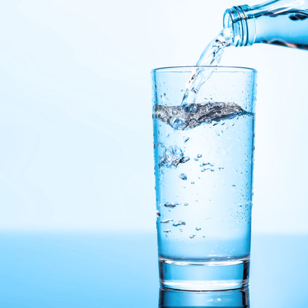 Crystal clear water being poured into a transparent glass with ice, creating refreshing ripples and...