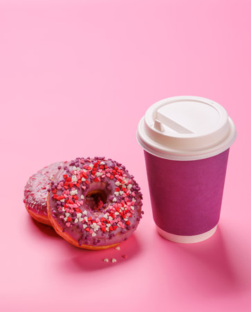 A cheerful display of donuts and a paper coffee cup on a pastel pink background. A sweet and vibrant setup for dessert or coffee themesの写真素材