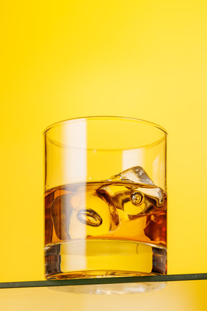 A classic whiskey glass filled with golden amber whiskey, yellow backgroundの写真素材