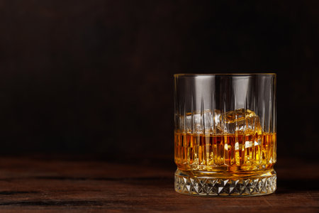 A classic whiskey glass filled with golden amber whiskey, placed on a wooden tableの写真素材