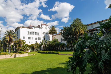 Historic Santa Barbara Courthouse with Spanish Colonial Revival architecture, iconic clock tower,...