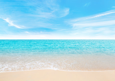 Summer landscape with a vast sea under a majestic sky, creating a serene and breathtaking coastal viewの写真素材