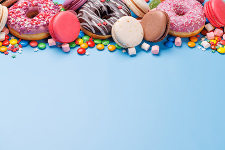 An assortment of colorful sweets, including donuts, macarons, and candies, arranged on a vibrant blue background with ample copy space. Perfect for festive, playful, or celebratory themesの写真素材