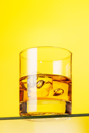 A classic whiskey glass filled with golden amber whiskey, yellow backgroundの写真素材