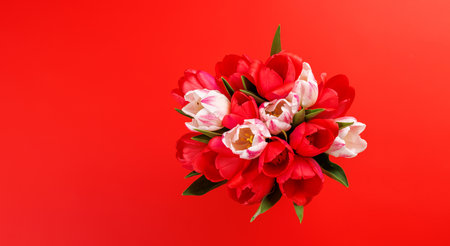 Red and white tulip bouquet on a soft red background, perfect romantic or springtime greeting conceptの写真素材