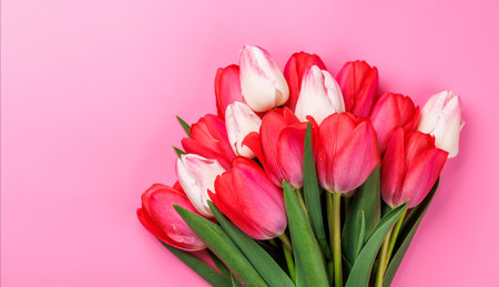 Red and white tulip bouquet on a soft pink background, perfect romantic or springtime greeting conceptの写真素材