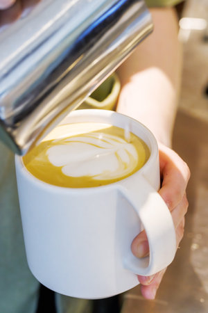 Barista crafting cappuccino with latte art, showing the skill and beauty of coffee makingの写真素材