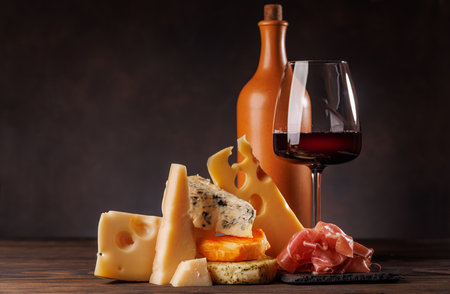 Assorted cheeses paired with glass of wine on a rustic table, creating an elegant tasting setupの写真素材