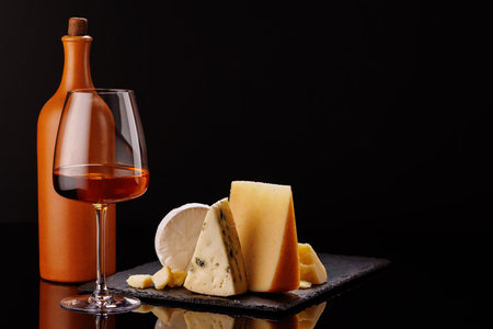 A refined selection of aged cheeses presented on a board, accompanied by a glass of wine, set against a dramatic dark background. A perfect setting for a gourmet indulgenceの写真素材